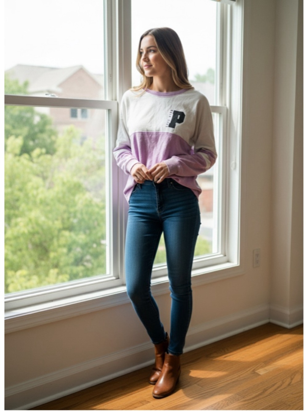 Victoria's Secret PINK Varsity Crewneck Sweatshirt White Purple Color-block Y2K